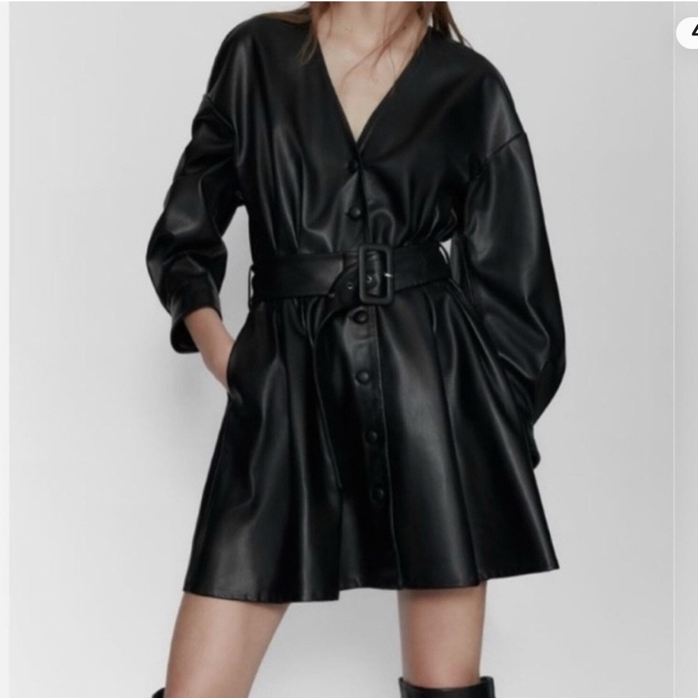 Zara Faux Leather Black Button Belted Dress Size M